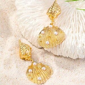 Gold Seashell Drop Earrings with Pearl Accents